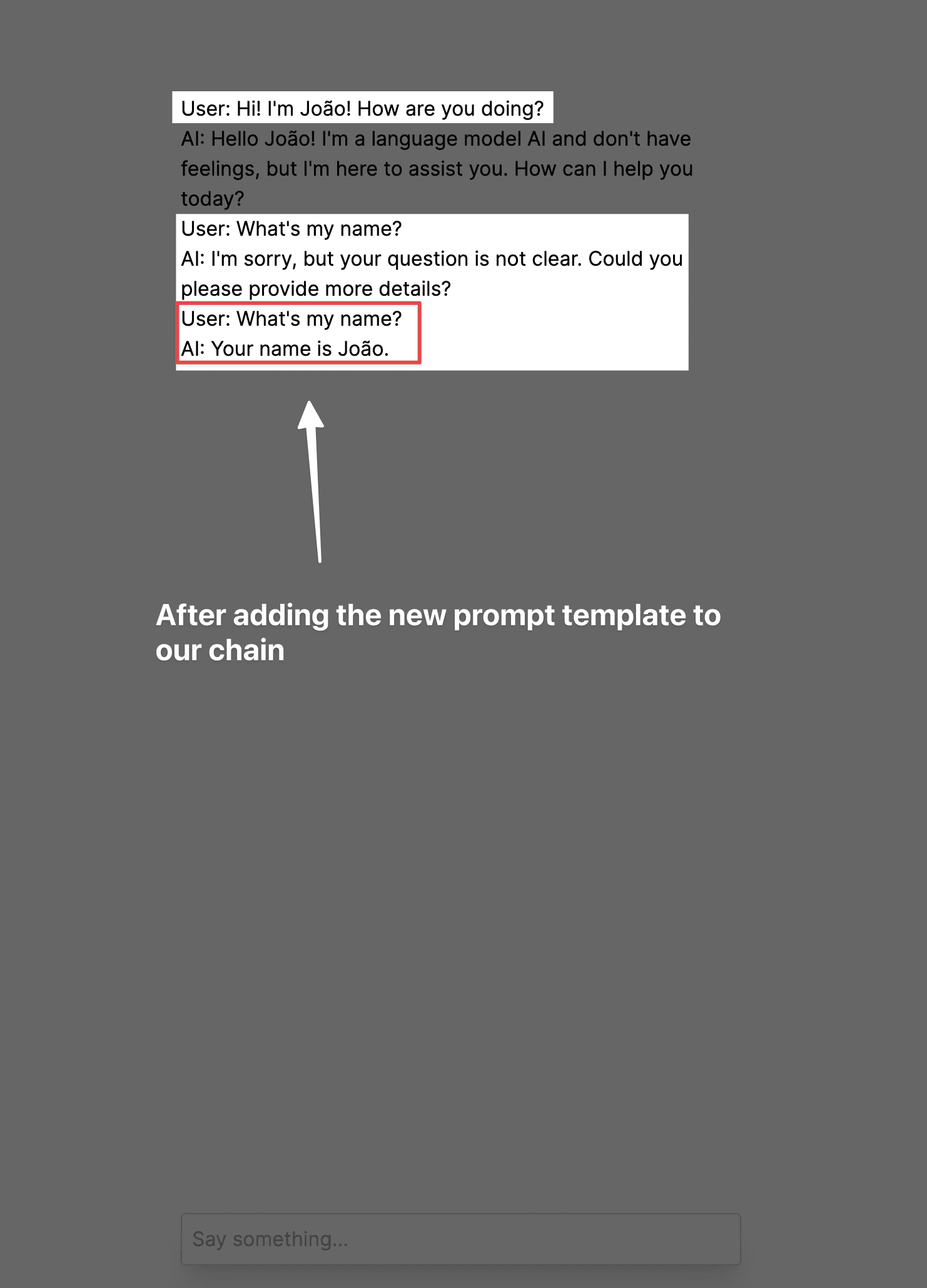GIF showing the AI answering a question with the correct chat history context