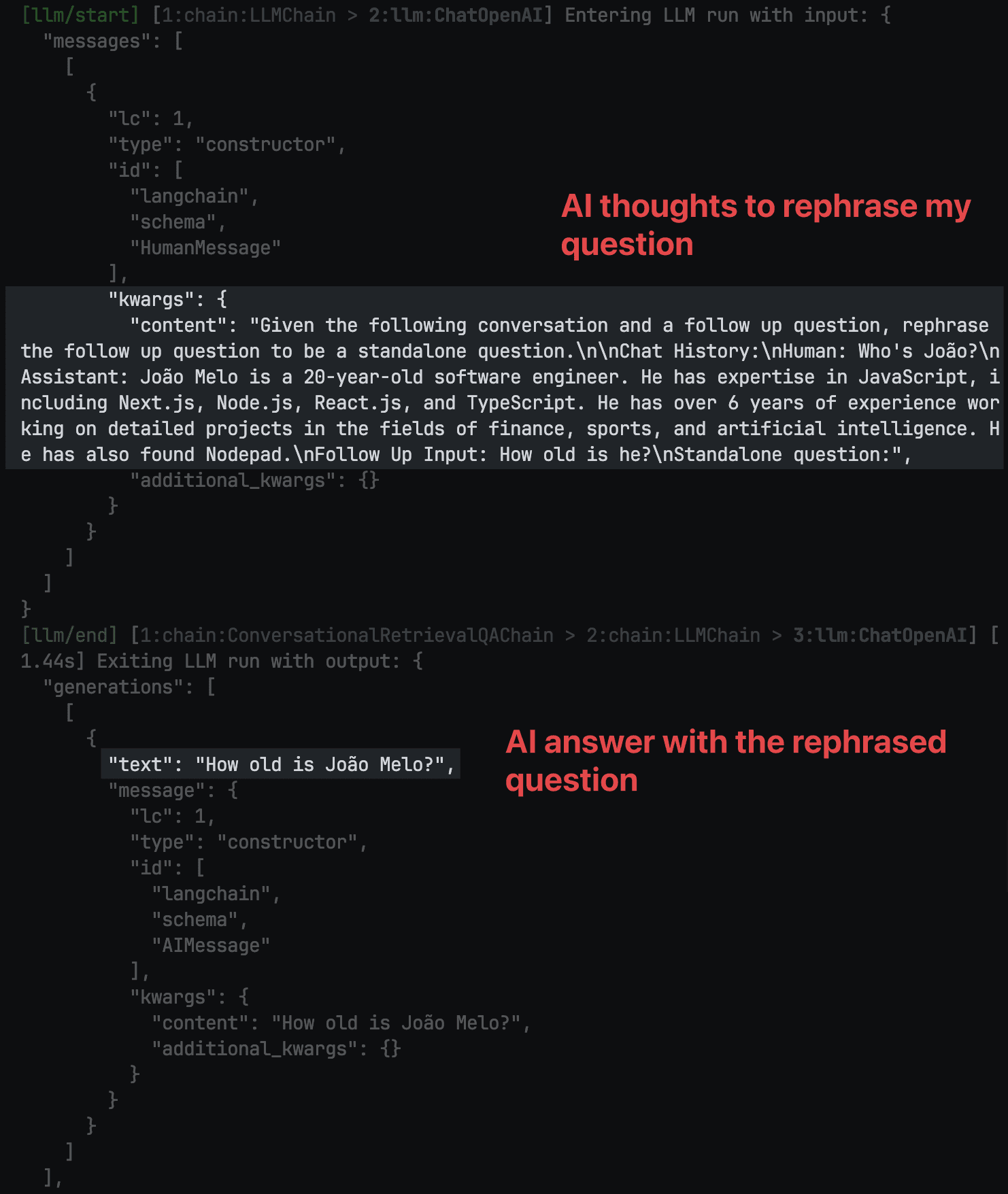 AI thoughts to rephrase human questions based on memory
